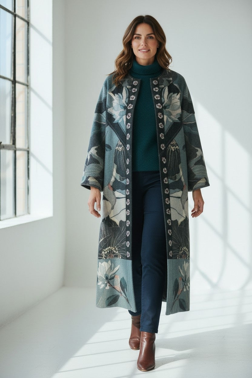 A woman stands indoors in front of a large window, smiling as she showcases the elegance of her FRANCO FERRARI - REVERSIBLE WOOL COAT. The long coat features a beautiful botanical floral print and is layered over a dark top, blue jeans, and brown knee-high boots.