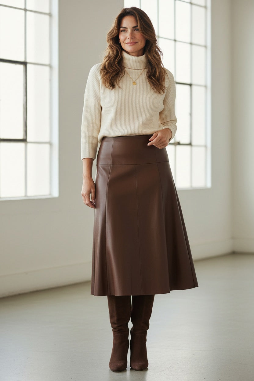 A woman stands in a bright room wearing a cream turtleneck sweater, the NUDE Eco Leather Flair Skirt in Tobacco, and matching brown knee-high boots. She has long wavy hair and is smiling softly.