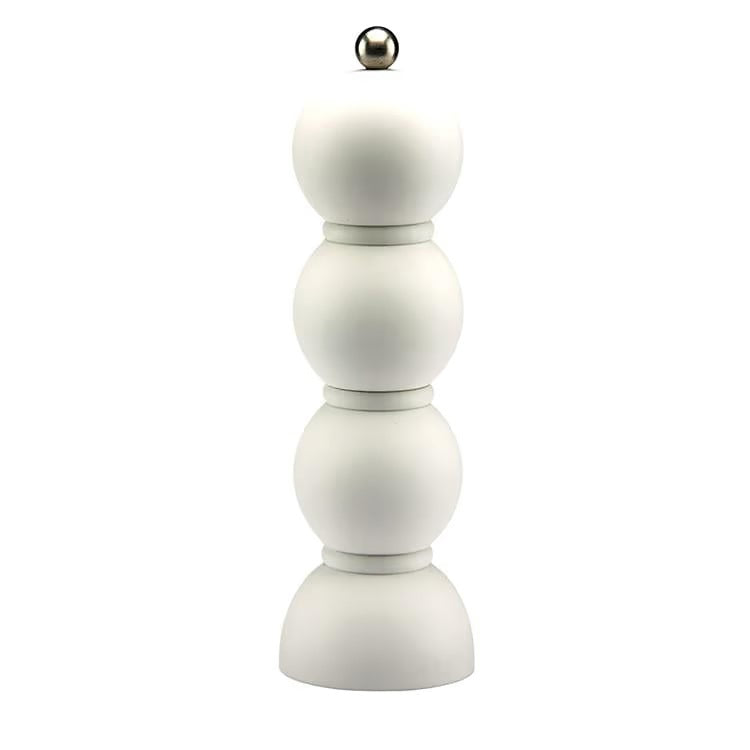 The ADDISON ROSS LONDON Scandi Bobbin Salt or Pepper Mill (23 cm) features a modern white design with three stacked spheres, a metallic top knob, and a durable ceramic grinder, shown upright against a plain white background.