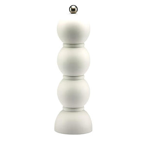 The ADDISON ROSS LONDON Scandi Bobbin Salt or Pepper Mill (23 cm) features a modern white design with three stacked spheres, a metallic top knob, and a durable ceramic grinder, shown upright against a plain white background.