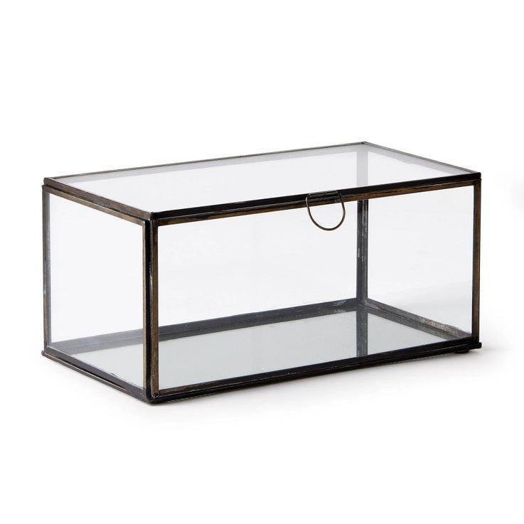 The NAPA HOME AND GARDEN - ARWEN RECTANGULAR BOX is a sleek glass and brass piece with a metal frame, hinged lid, and circular handle; perfect for storing mementos and beautifully displayed on a white background.