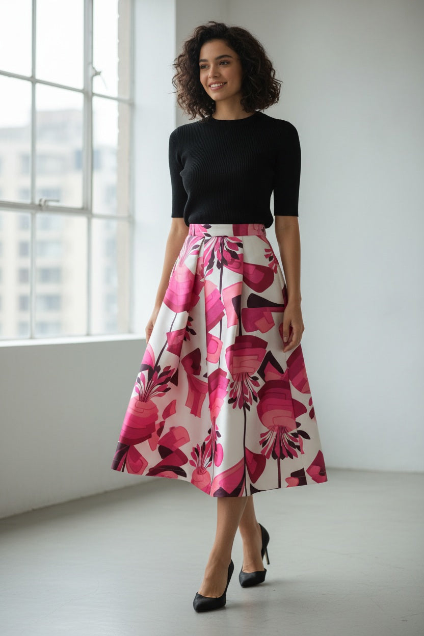 The MIDI STRUCTURED SKIRT by ALYKI LABORATORIO is a high-waisted, midi-length piece with a flared silhouette, showcasing a vibrant pink and red abstract floral print on a white background.