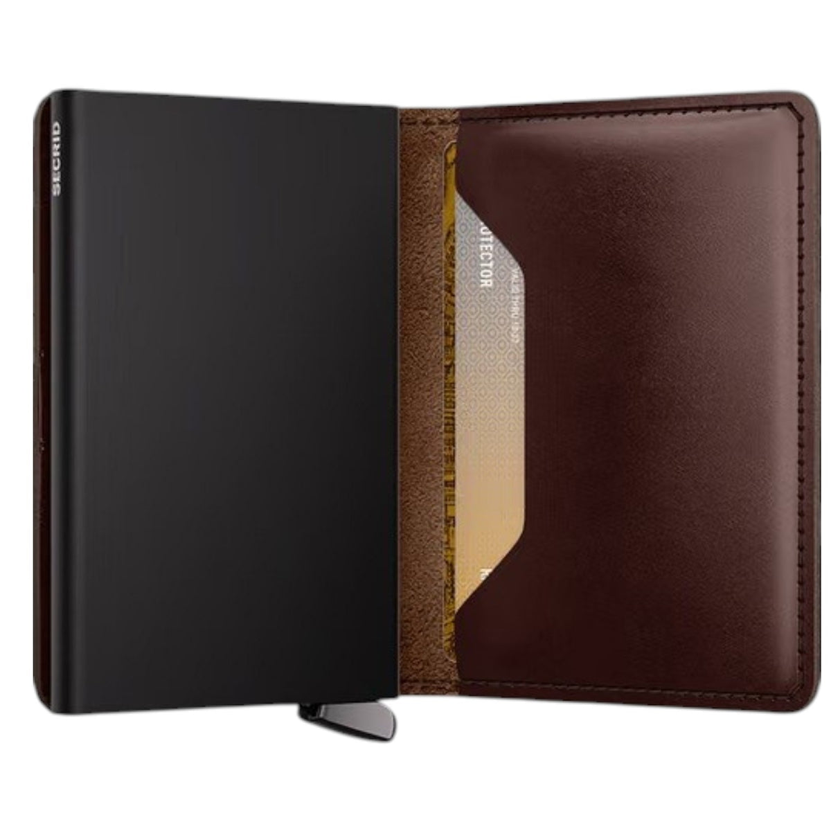 Introducing the SECRID - PREMIUM SLIMWALLET+ DUSK IN DARK BROWN: a stylish wallet by SECRID, crafted from smooth, vegetable-tanned leather in dark brown. It features a sleek black metal side and a convenient lever at the bottom corner for effortless card release. For enhanced security, this premium Slimwallet offers RFID protection to keep your cards safe.
