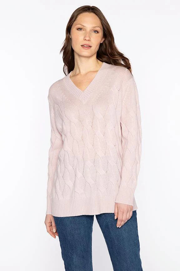 The KINROSS Cashmere Long Cable Vee Neck Sweater in dark green features a textured cable knit, ribbed cuffs and hem, and is crafted from 100% cashmere. Displayed on a plain white background, this luxury knitwear epitomizes elegance.