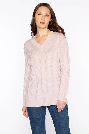 The KINROSS Cashmere Long Cable Vee Neck Sweater in dark green features a textured cable knit, ribbed cuffs and hem, and is crafted from 100% cashmere. Displayed on a plain white background, this luxury knitwear epitomizes elegance.