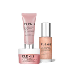 The ELEMIS - PLUMP IT UP GIFT SET by ELEMIS - STEINER features three rose-infused skincare essentials for plumping hydration: Pro-Collagen Rose Marine Cream, Cleansing Balm, and Micro Serum.