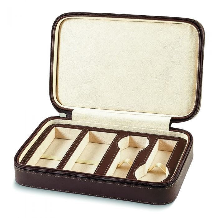 The BEYBERK INTERNATIONAL WATCH AND SUNGLASS LEATHER TRAVEL CASE, shown open and empty, features a brown leather exterior, cream interior, and form-fit compartments for organizing rings, watches, sunglasses, and other accessories.
