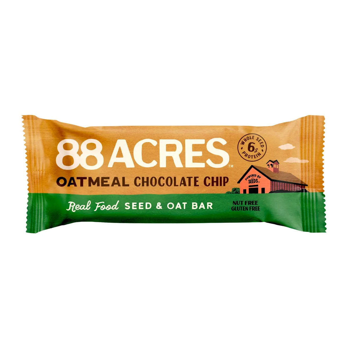 An 88 ACRES - OATMEAL CHOCOLATE CHIP SEED OAT BAR is shown on a light wooden surface, its brown and white wrapper featuring oats, chocolate chips, and Australian sea salt for a chewy cookie bar experience.