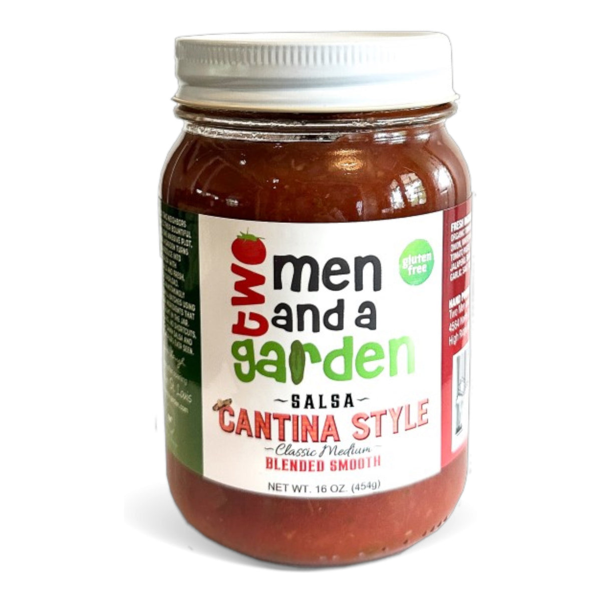 A 16 oz jar of TWO MEN AND A GARDEN Cantina Style Medium Salsa, blended smooth and gluten-free, with contents visible through the clear glass.