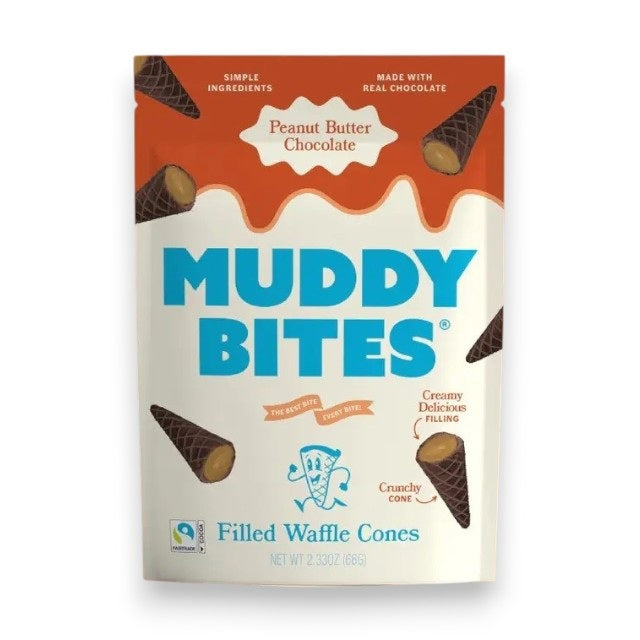 A bag of MUDDY BITES- PEANUT BUTTER CHOCOLATE WAFFLE CONE by MUDDY BITES features cone illustrations and text that emphasize the creamy peanut butter chocolate filling, real chocolate, and crunchy cone. Crafted with high-quality ingredients, the mostly white package is accented with an orange top.