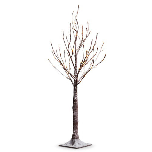 A 3.5-foot tall, snow-covered RAZ IMPORTS LIGHTED SNOWY TREE - 3.5′ with thin, bare branches illuminated by warm-white LED Christmas tree lights on a square base.