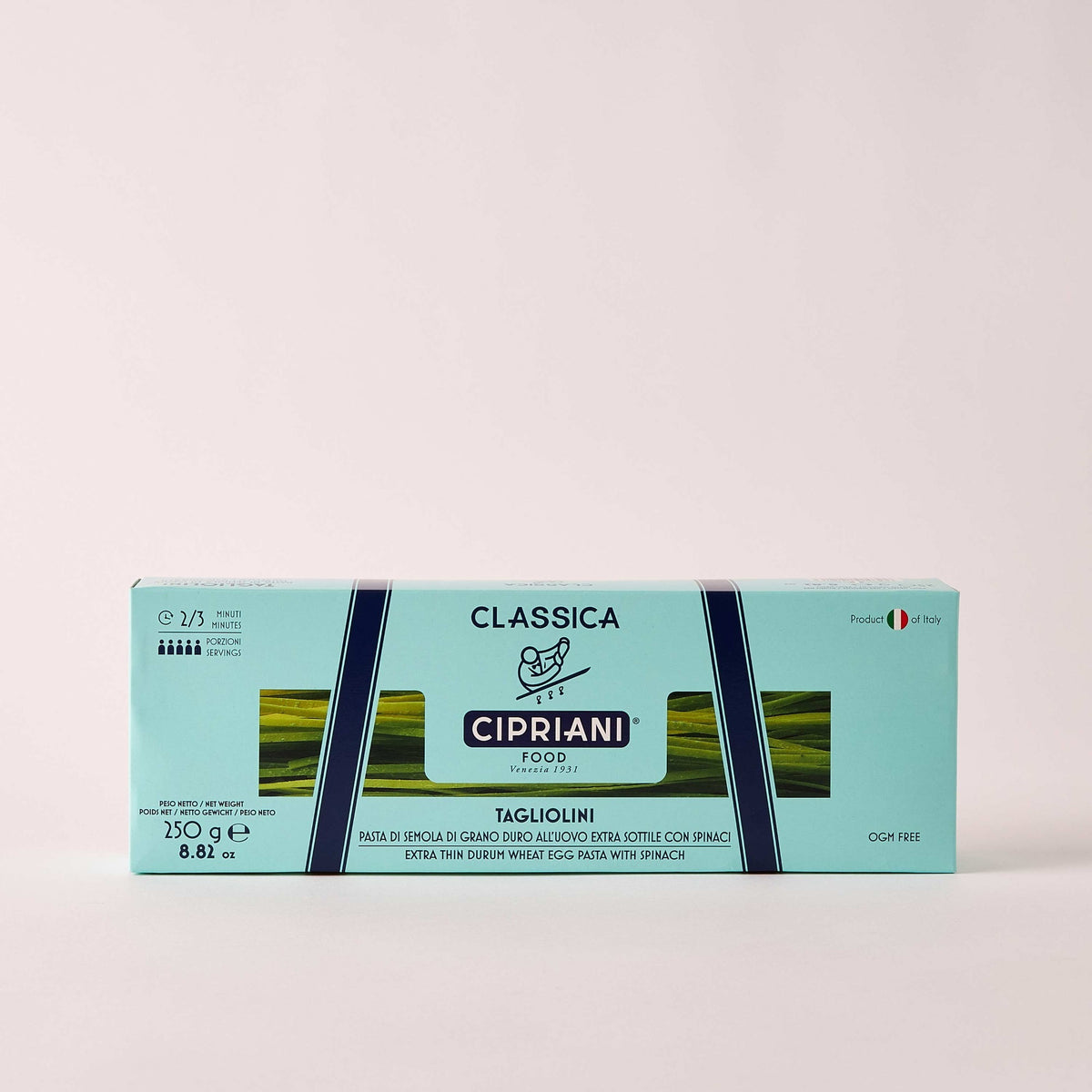 A teal box of CIPRIANI FOOD Organic Tagliolini Egg Pasta with Spinach, made from premium durum wheat semolina, displays the pasta through a window and features Italian flags plus product info in both Italian and English.