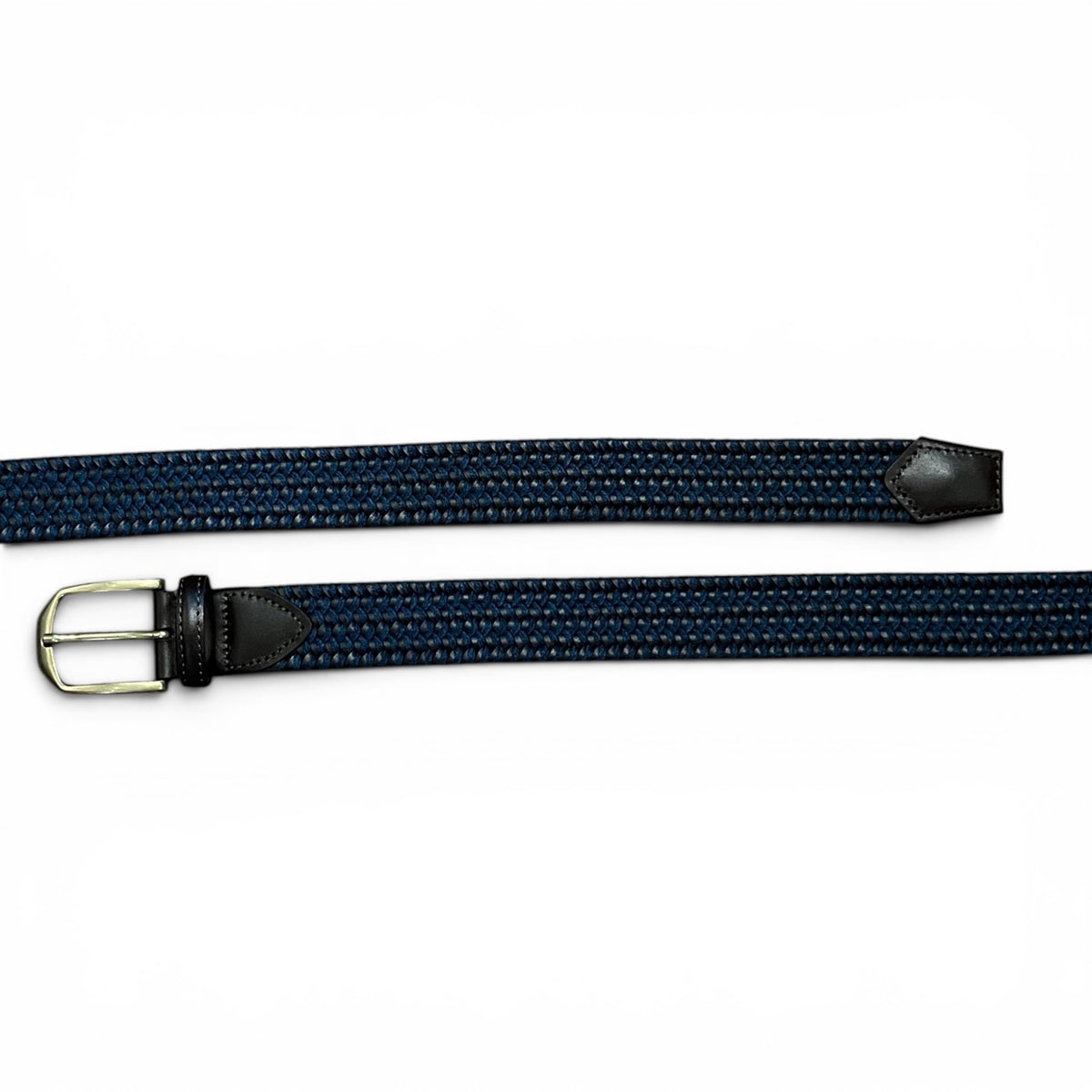 A person wearing a black shirt and grey pants with the ATHISON Braided Leather and Wool Stretch Belt in dark brown and blue.