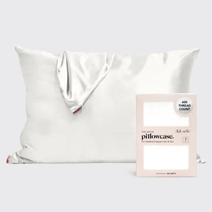 A beige leopard print KITSCH - SATIN PILLOWCASE by KITSCH is displayed with packaging emphasizing its frizz-free, 100% premium satin finish and 600 thread count, ideal for hair and skin benefits.