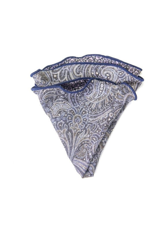 The EDWARD ARMAH Silk Reversible Pocket Circle features an intricate charcoal paisley design, offering elegant versatility from a renowned brand.