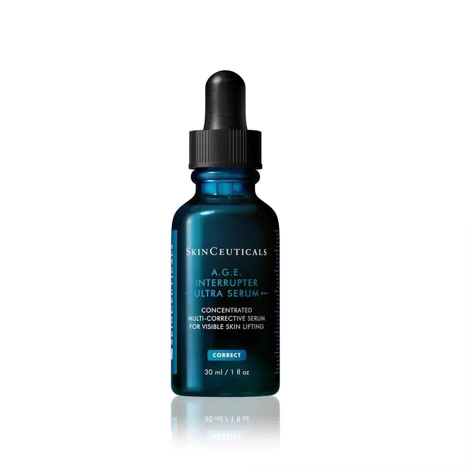 A graphic for SKINCEUTICALS - A.G.E. INTERRUPTER ULTRA SERUM shows 30% Proxylane, 4.6% Wild Fruit Flavonoids, and Rhamnose + Gentiana Lutea Extract beside a dropper, highlighting facial sculpting and skin firming benefits.