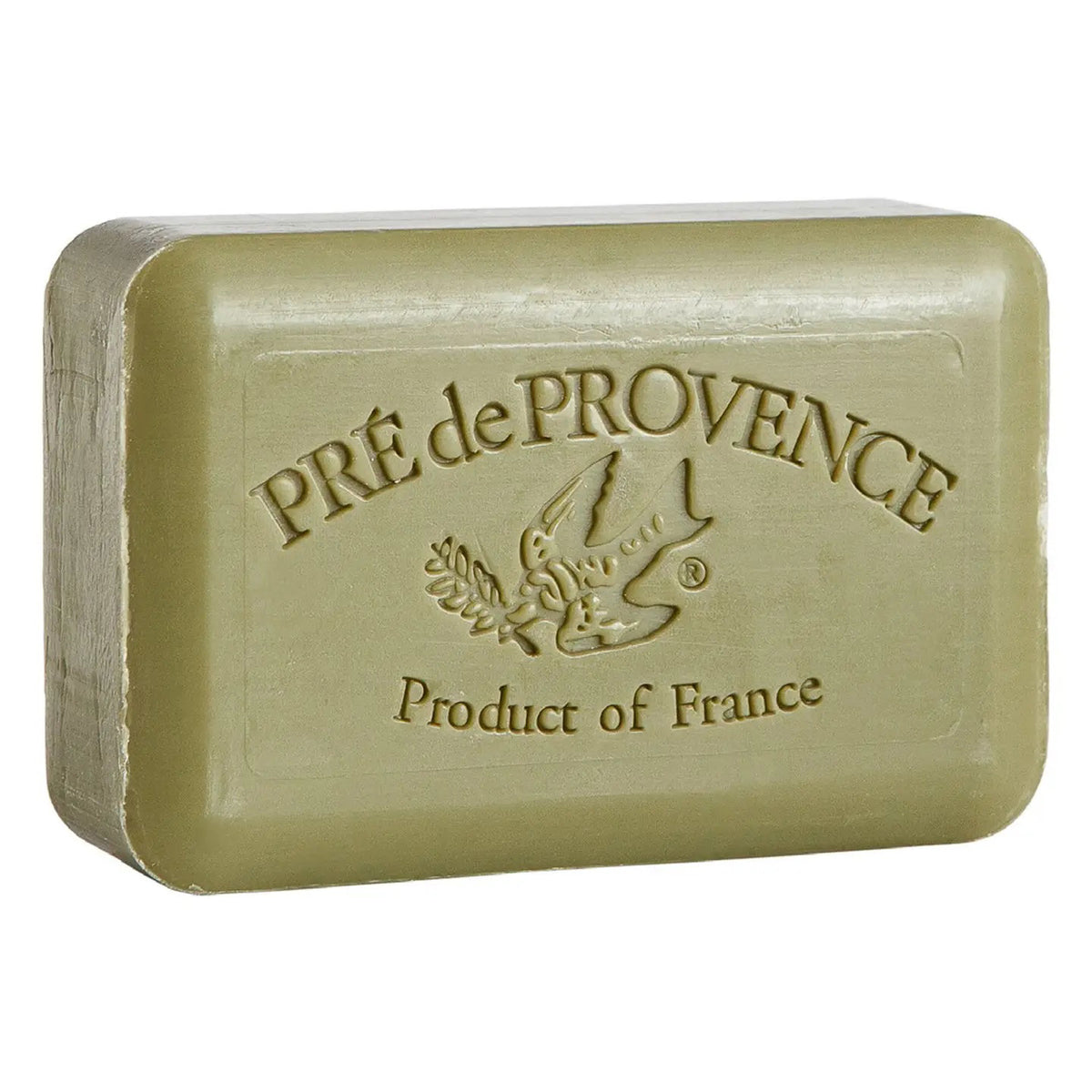 The EUROPEAN SOAPS - OLIVE OIL SOAP BAR 250G by EUROPEAN SOAPS, LLC is a green, embossed French-milled soap showcasing a bird with a twig. Enriched with Shea and Olive Oil, it provides luxury and nourishment for your skin.