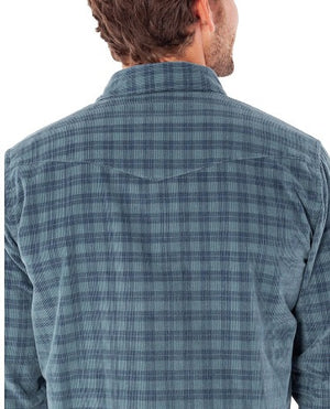 A person with short brown hair is shown from behind, wearing the CRIQUET Long Sleeve Corduroy Pearl Snap Shirt in Slate Check, which features a pointed yoke detail on the back.