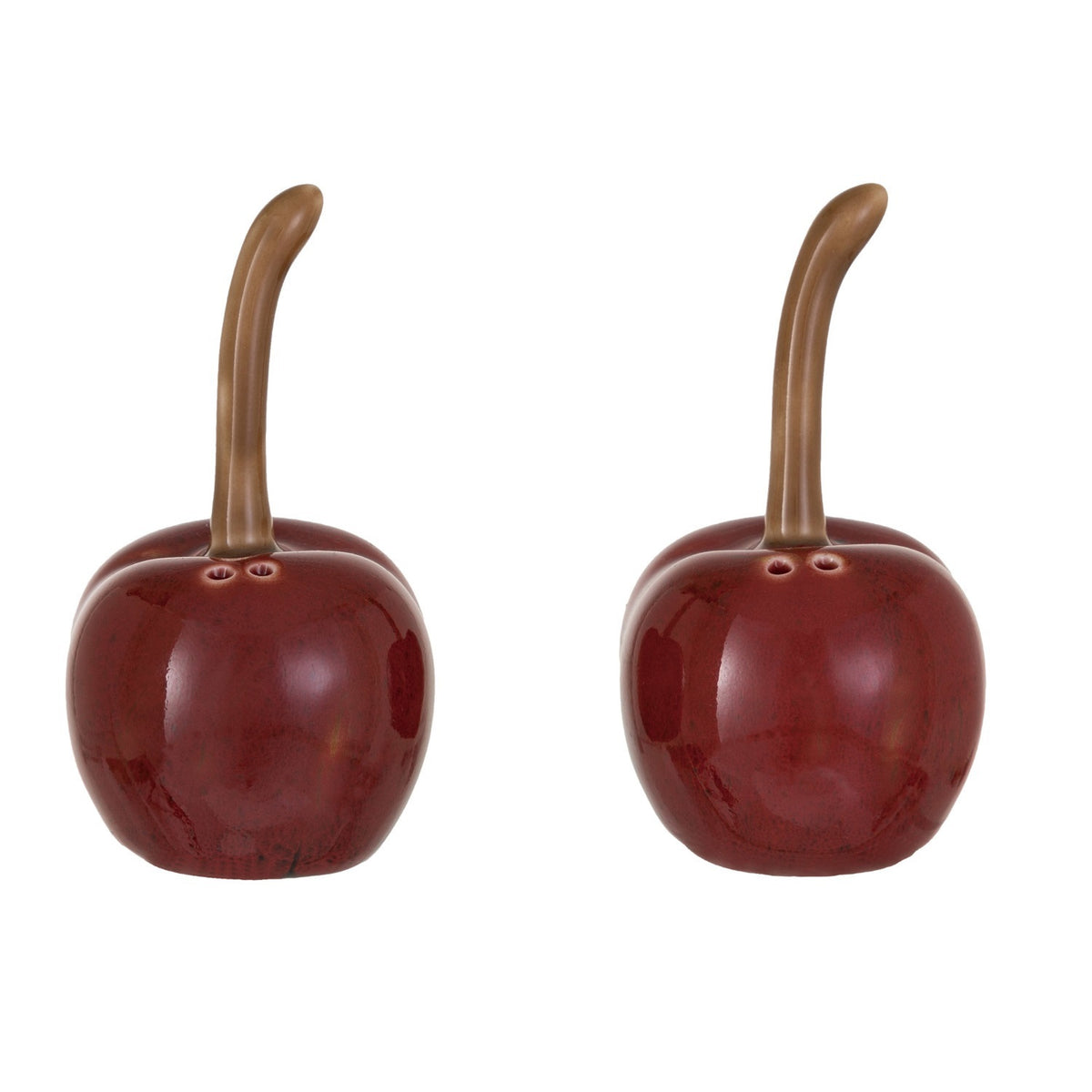 Add a charming touch to your kitchen with CREATIVE COOP’s STONEWARE CHERRY SHAPED SALT AND PEPPER SHAKERS—dark red ceramic cherries with brown stems, perfect for vintage decor.