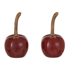 Add a charming touch to your kitchen with CREATIVE COOP’s STONEWARE CHERRY SHAPED SALT AND PEPPER SHAKERS—dark red ceramic cherries with brown stems, perfect for vintage decor.