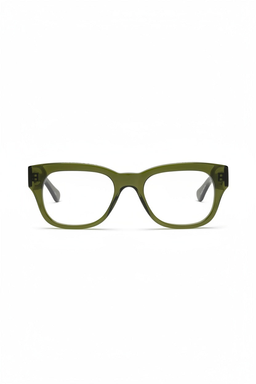 A pair of CADDIS - MIKLOS PROGRESSIVE READERS featuring thick, rectangular olive green acetate frames and clear scratch-resistant lenses, seen from the front against a white background.