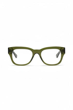 A pair of CADDIS - MIKLOS PROGRESSIVE READERS featuring thick, rectangular olive green acetate frames and clear scratch-resistant lenses, seen from the front against a white background.