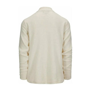 The AMUNDSEN SPORTS - HUT HALF-ZIP is a blue wool terry loop pullover with a quarter-zip neckline, zippered chest pocket, and rectangular white label above the pocket. Perfect as a cozy mid-layer sweater.