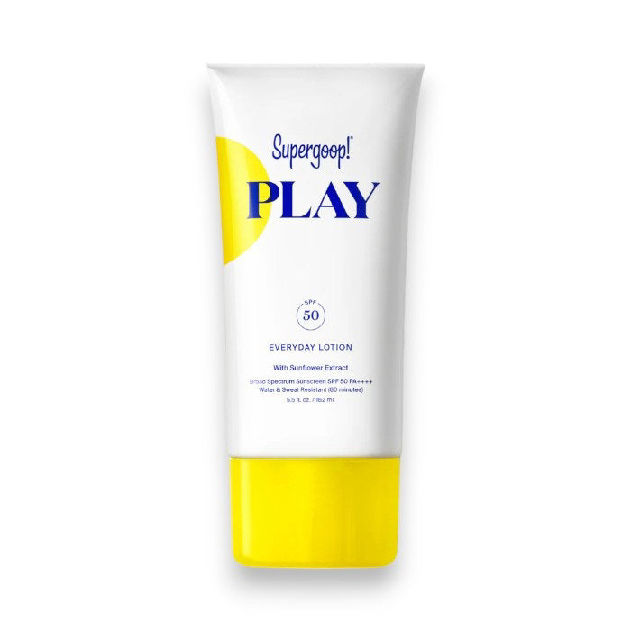 A tube of SUPERGOOP PLAY Everyday Lotion SPF 50 is shown against a white background. The white tube, featuring blue and yellow text with a bright yellow cap, contains sunflower extract. This water- &amp; sweat-resistant dermatologist-tested sunscreen provides broad-spectrum SPF 50 protection for both face and body.