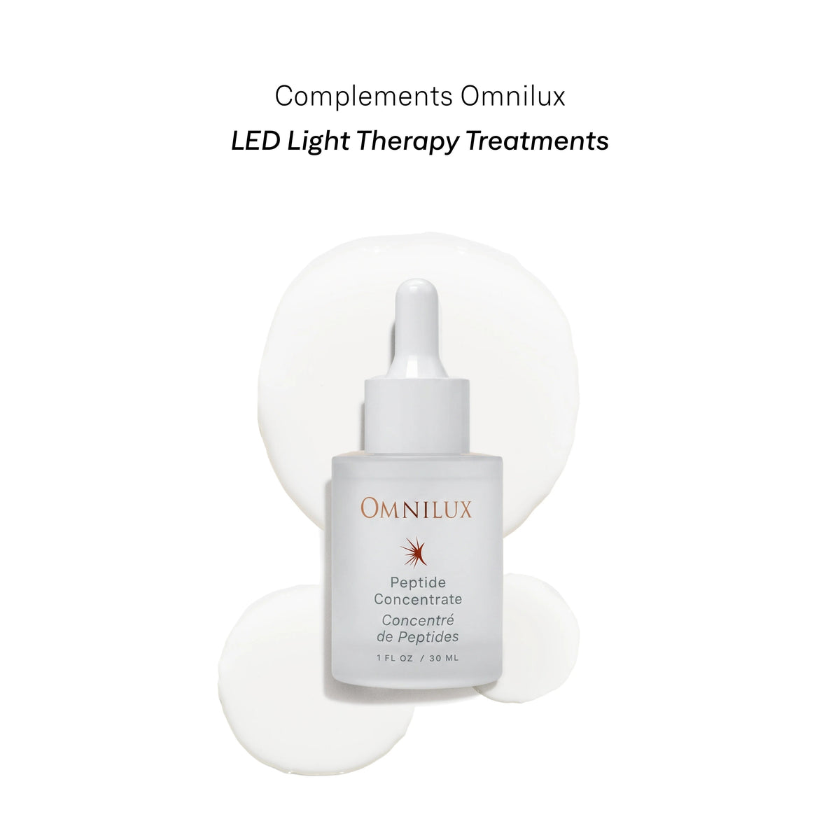 A frosted glass dropper bottle labeled “OMNILUX – PEPTIDE CONCENTRATE” features silver text and an orange starburst logo, containing 30 mL (1 fl oz) of skincare formula from OMNILUX enriched with powerful ingredients such as Argireline and Matrixyl.