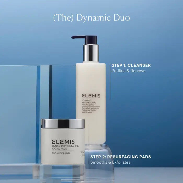 The ELEMIS - THE DYNAMIC DUO GIFT SET by ELEMIS - STEINER features the Dynamic Resurfacing Facial Wash and resurfacing facial pads in stylish silver-accented white packaging for radiant skin.