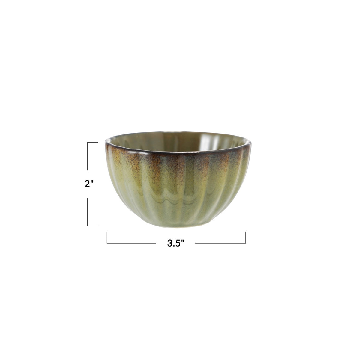 The SAGE GREEN RIBBED STONEWARE BOWL WITH REACTIVE GLAZE from CREATIVE COOP features a glossy green and brown finish, ribbed fluted exterior, and reactive glaze for a unique look.