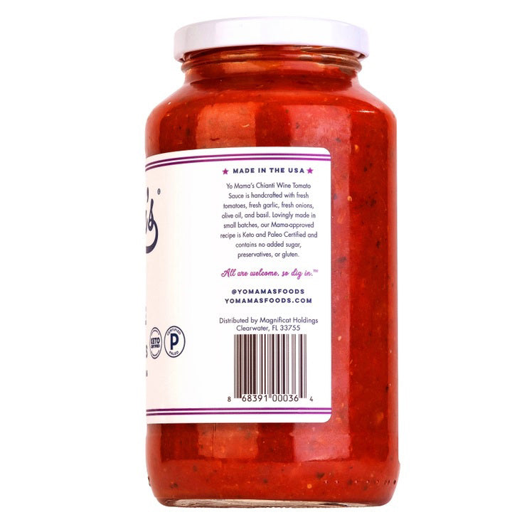 A 25-ounce jar of YO MAMA'S - CHIANTI SAUCE from YO MAMA'S FOODS is displayed. The front label highlights that it is all-natural, contains no added sugar, is low-sodium, and keto certified. The jar brims with a chunky red sauce.