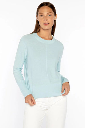 The KINROSS Cashmere Rib Trim Crew Neck Cotton Sweater is a green, long-sleeve pullover with ribbed hem and cuffs, high neckline, central seam detail, and a slightly cropped fit.