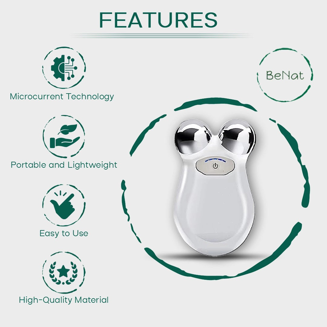 A white, handheld MICROCURRENT FACIAL TONING DEVICE by ETERUS features two metal spheres. Promoted benefits: wrinkle reduction, contour lifting, portability, and versatility. Design includes icons and green circles for a youthful look.