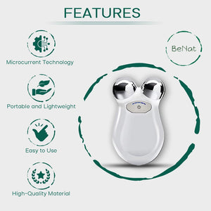 A white, handheld MICROCURRENT FACIAL TONING DEVICE by ETERUS features two metal spheres. Promoted benefits: wrinkle reduction, contour lifting, portability, and versatility. Design includes icons and green circles for a youthful look.