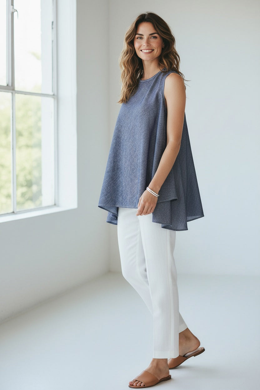 A model wears the MEIMEJ - SLEEVELESS DENIM TUNIC by MEIMEIJ, a tunic-length, light cotton denim piece with side slits, styled with light-colored pants and a silver bracelet, shown in profile against a plain white background.