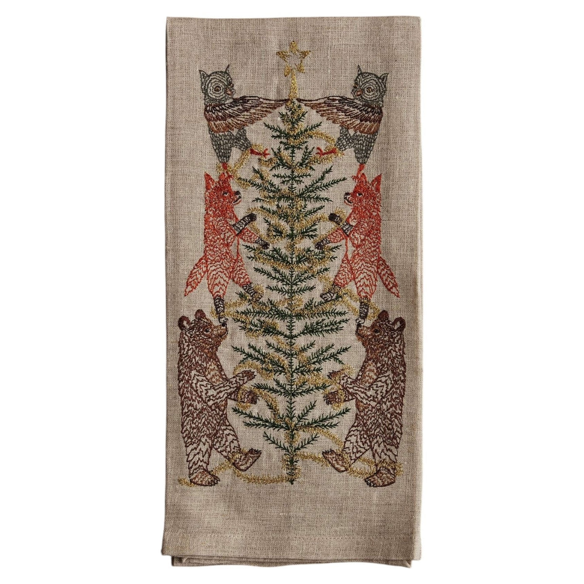 TINSEL TREE LINEN TEA TOWEL by CORAL & TUSK featuring embroidered owls, foxes, and bears decorating a tinsel tree for holiday decor.