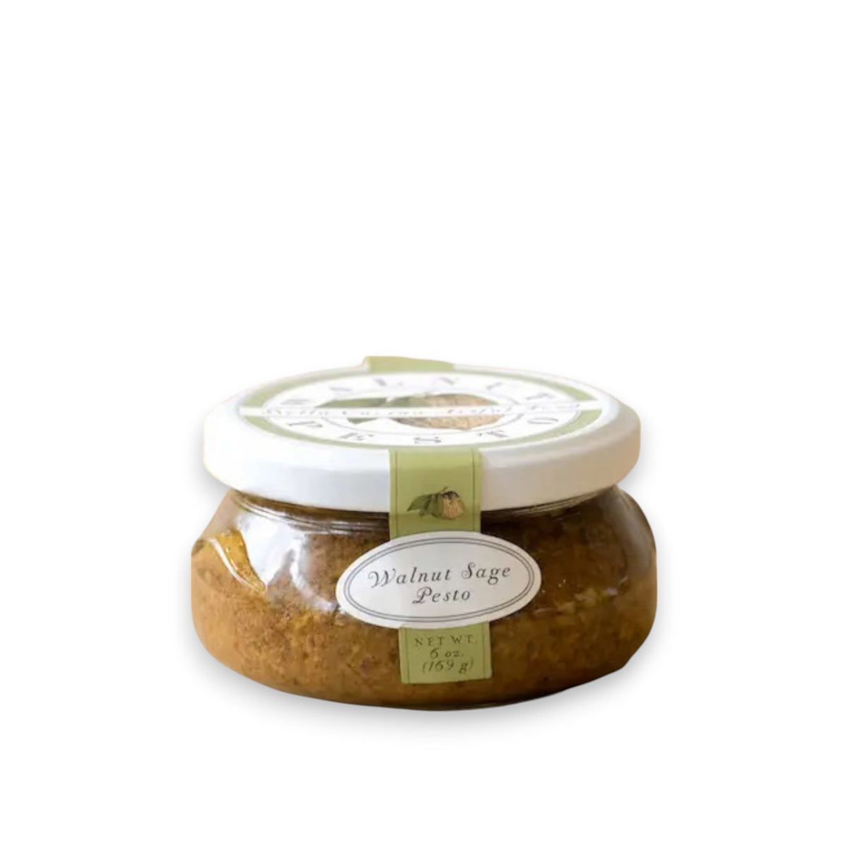 BELLA CUCINA&#39;s WALNUT SAGE PESTO is presented in a glass jar with a white lid, adorned with a decorative label showcasing a small bee illustration. Filled with finely blended pesto, it&#39;s rich in extra virgin olive oil and earthy walnuts, set against a plain white background.