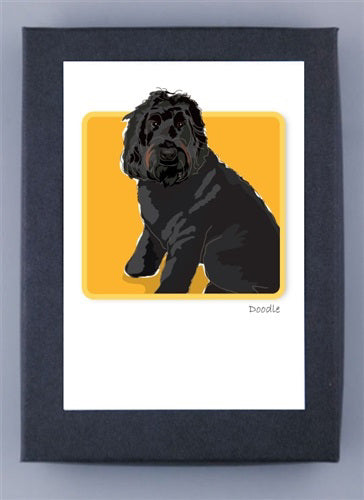 The PAPER RUSSELLS - BLACK DOODLE BOX NOTES showcases a black doodle dog on a vibrant yellow backdrop, centered in a white mat with a dark frame. Made in the USA and printed on recycled paper, this charming piece captures the dog's attentive gaze.