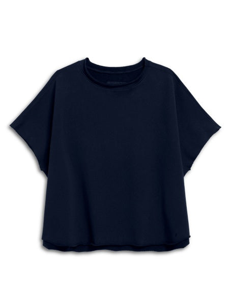 The FRANK &amp; EILEEN Olive Original Capelet in Tide is a loose-fitting, short-sleeved layering essential with a round neckline, showcased against a white background.