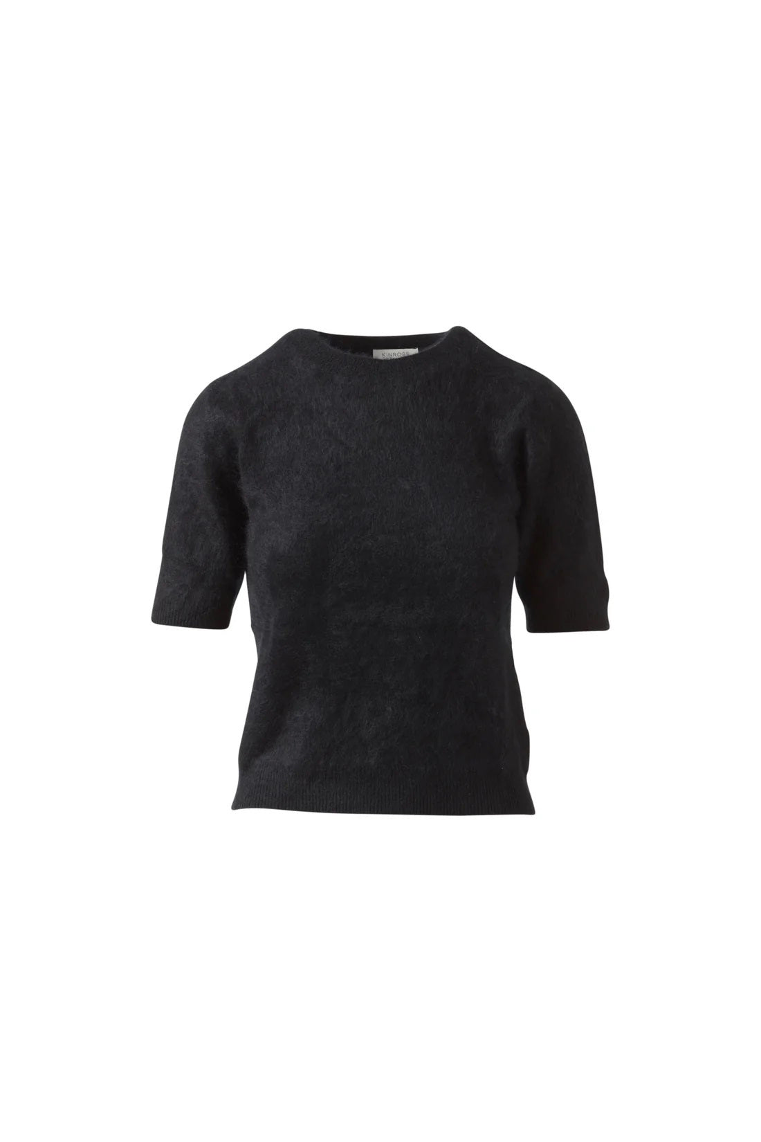 The KINROSS CASHMERE Brushed Cashmere Short Sleeve Crew Neck Sweater is a black, 100% cashmere top with a classic crew neckline, shown on a plain white background.