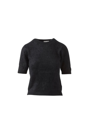 The KINROSS CASHMERE Brushed Cashmere Short Sleeve Crew Neck Sweater is a black, 100% cashmere top with a classic crew neckline, shown on a plain white background.