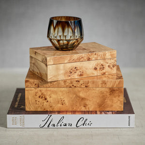 The ZODAX BURL WOOD DESIGN BOX - SMALL features a light brown MDF rectangular build with a smooth, polished finish and visible burl wood veneer grain, displayed against a white background.
