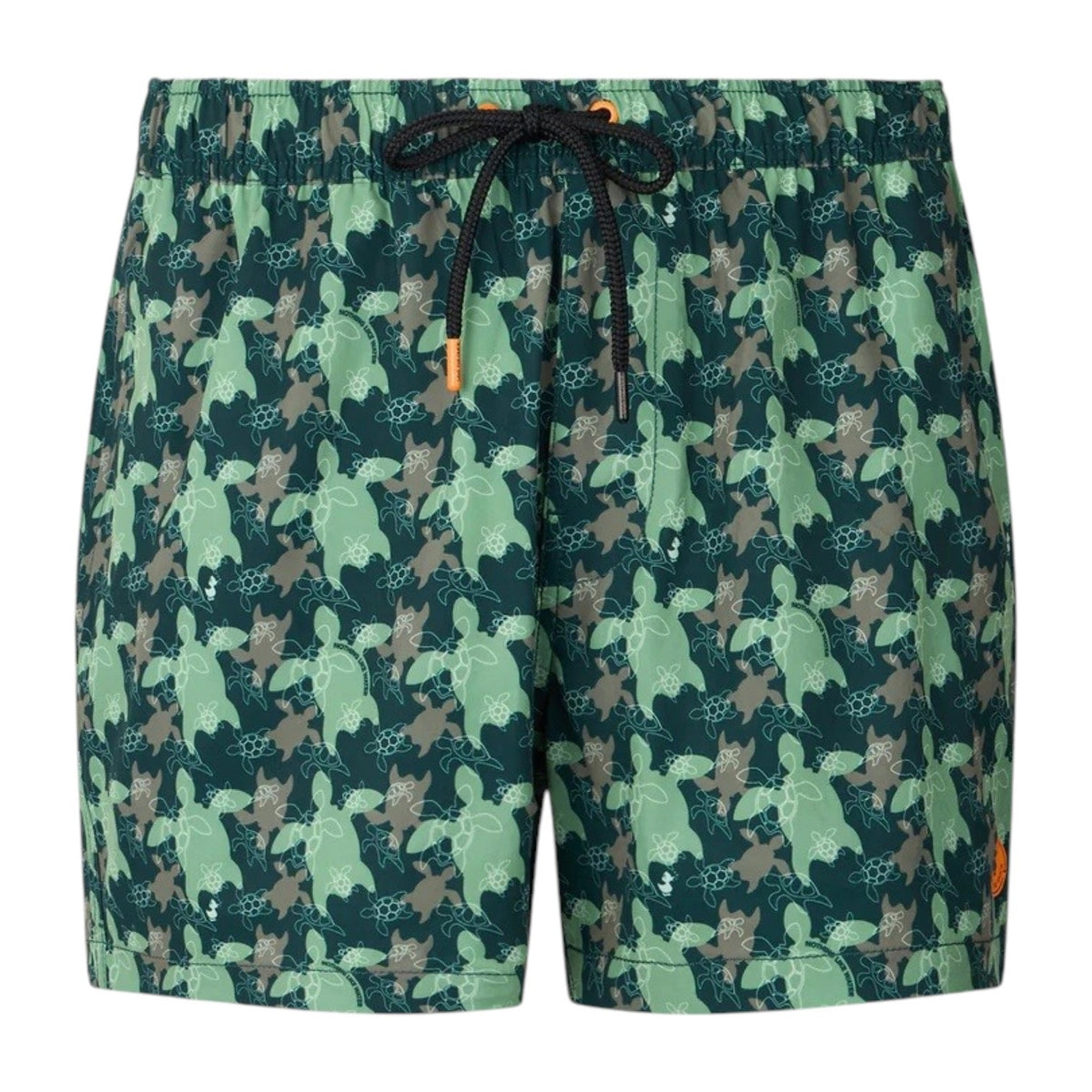 SAVE THE DUCK ADEMIR swim trunks in green and gray turtle camouflage are crafted from recycled polyester, featuring a black drawstring and orange tag. These quick-dry men's shorts are shown on a plain background.