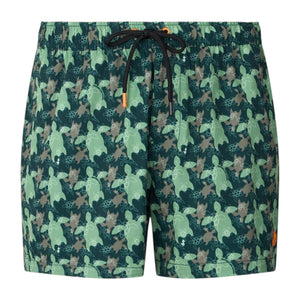 SAVE THE DUCK ADEMIR swim trunks in green and gray turtle camouflage are crafted from recycled polyester, featuring a black drawstring and orange tag. These quick-dry men's shorts are shown on a plain background.