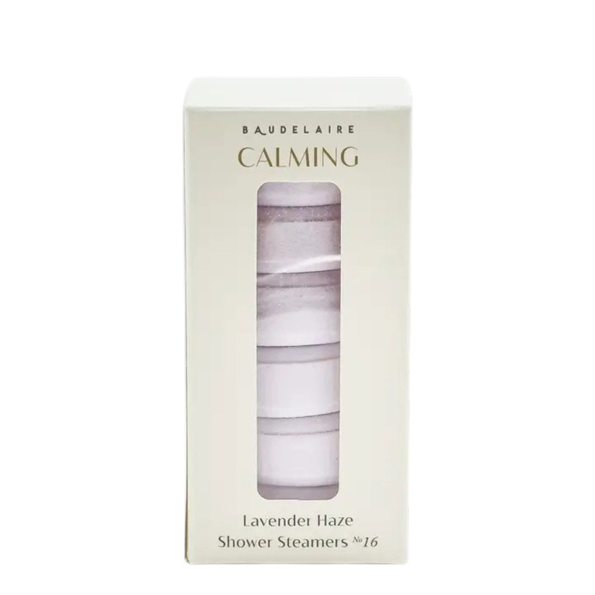 A BAUDELAIRE - CALM LAVENDER HAZE SHOWER STEAMER rests atop a slatted bamboo soap dish emblazoned with “BAUDELAIRE,” water droplets scattered on the white surface below—creating a tranquil scene evocative of soothing aromatherapy.