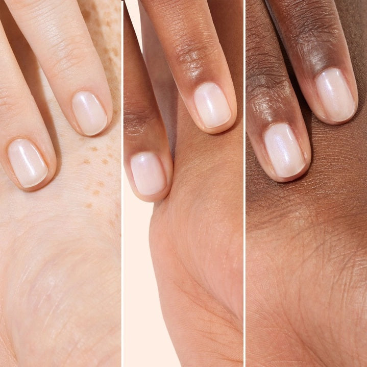 A nail polish brush and swatches appear beside text featuring the MANUCURIST - ACTIVE™ BRIGHT TREATMENT POLISH by MANUCURIST INC, emphasizing easy application, fast drying, a buildable make-up effect, and an enriched formula with active ingredients—perfect for plant-based nail care or as a brightening treatment polish.