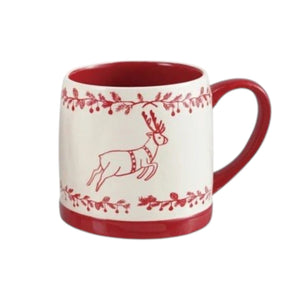 Creative Co-op stoneware mug with holiday design, red and white, featuring a white body with a red interior, base, and handle decorated with a red Christmas tree and string of lights pattern.