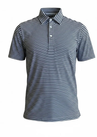 The CRIQUET Performance Players Shirt in Duval Stripe—Navy features neatly folded navy and white horizontal stripes, a collar, and a front pocket, showcased on a black background.
