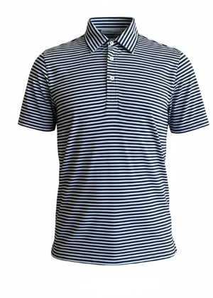 The CRIQUET Performance Players Shirt in Duval Stripe—Navy features neatly folded navy and white horizontal stripes, a collar, and a front pocket, showcased on a black background.